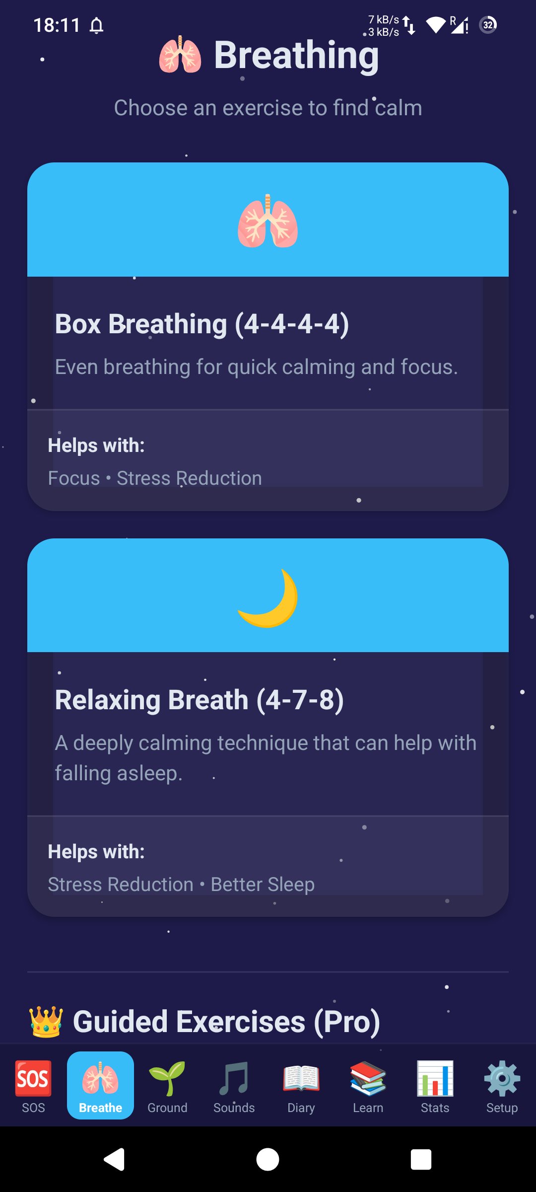 Captura de pantalla del ejercicio de respiración